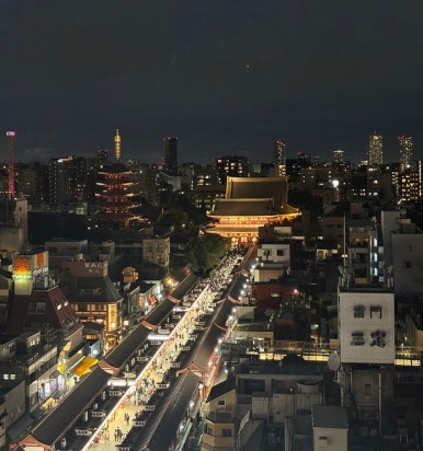 Night view of illuminated Sensoji Temple from the observation deck