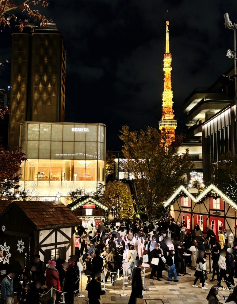 2025 Azabudai Hills Christmas Market entrance night view with Tokyo Tower and central plaza