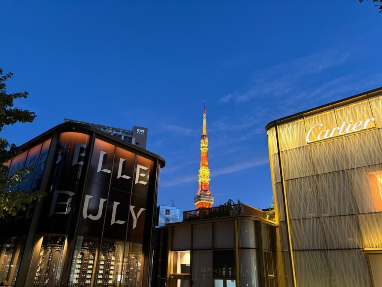Luxury brand stores along Azabudai Hills promenade