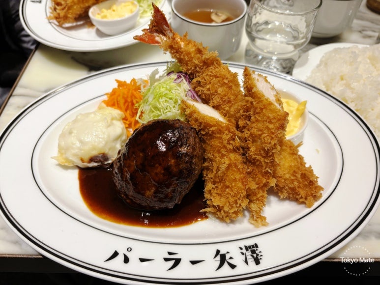 Adult's Kids Lunch set with wagyu hamburg steak shrimp tempura and chicken cutlet