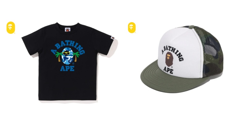 BAPE kids ABC Camo College tee and 1st Camo College mesh cap