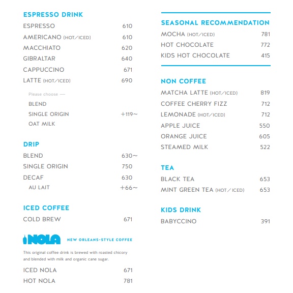 Blue Bottle Tokyo Kiyosumi flagship cafe menu board with 2026 prices