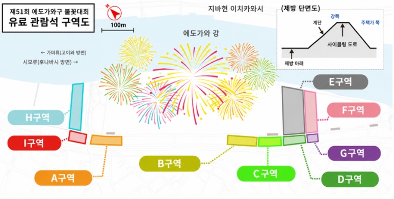 Edogawa Ward Fireworks paid-seat layout from Zone A to Zone I