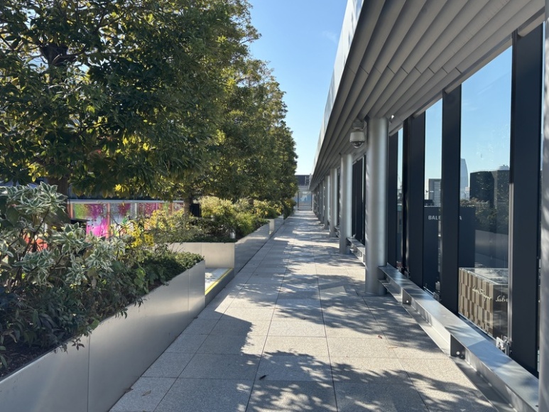 Glass railing and view at the Ginza Six rooftop garden