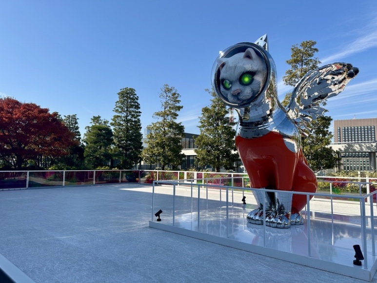 Ginza Six rooftop garden Christmas ice rink with a space cat in the center