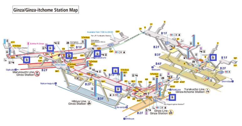 Tokyo Metro Ginza Station coin locker location map, 8 spots