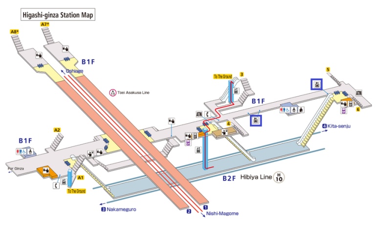 Higashi-Ginza Station coin locker locations toward Exits 4 and 5