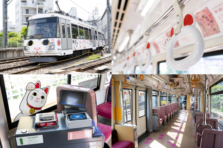 Setagaya Line cat tram with maneki-neko wrapping on the recommended route to Gotokuji