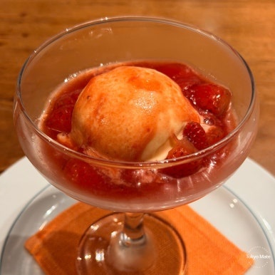 Strawberry flambe ice cream dessert at Grand Hyatt Tokyo