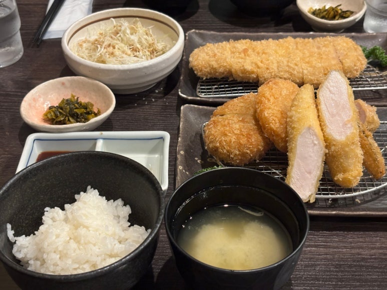 Rice, miso soup, and cabbage salad at Imakatsu — all unlimited refills