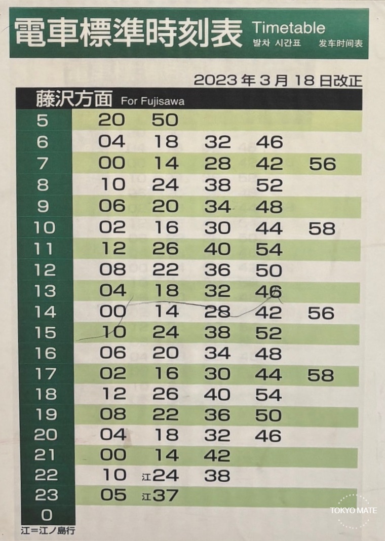 Enoden timetable (Kamakura to Fujisawa direction)