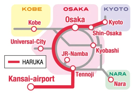 JR limited express Haruka route map for Kansai Airport, Osaka, Shin-Osaka and Kyoto