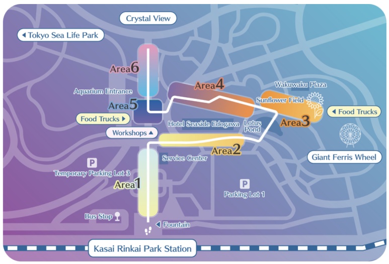 Map of the six light-up zones at Kasai Rinkai Park