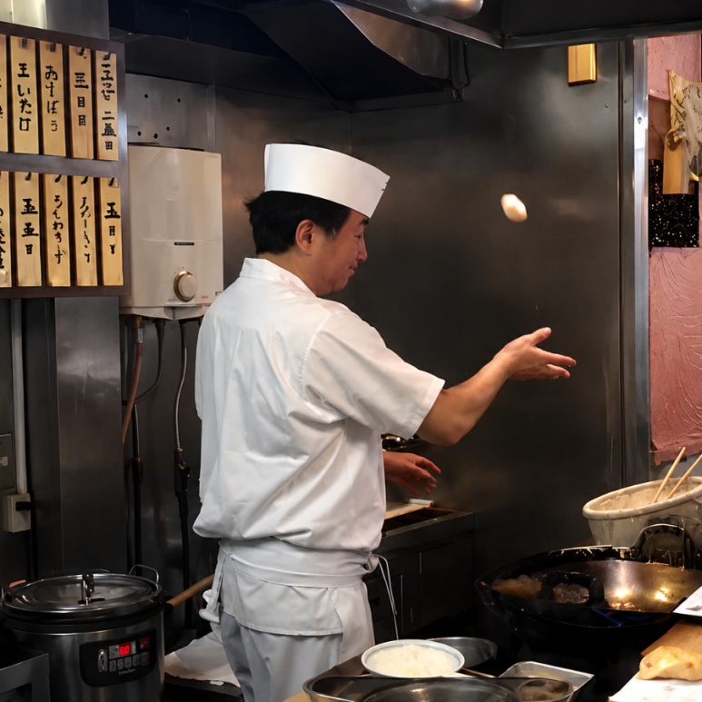 The chef's egg-frying performance at Koenji Tensuke