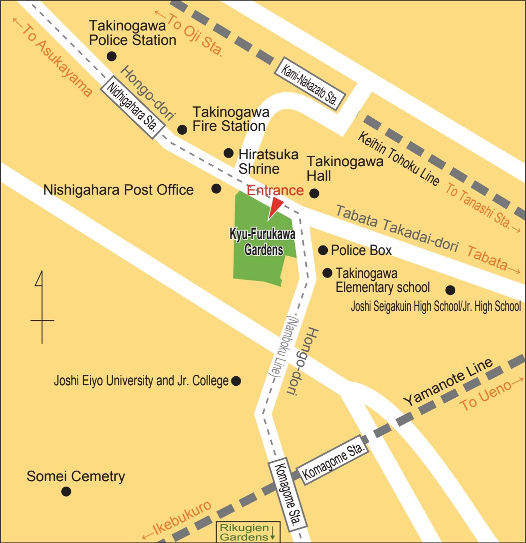 Kyu-Furukawa Gardens location map around Nishigahara and Komagome Stations