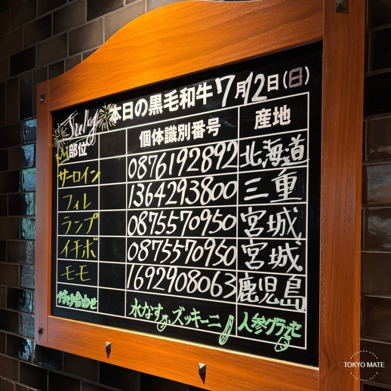 Meat Yazawa Gotanda entrance notice showing the day's black wagyu cuts and their origins
