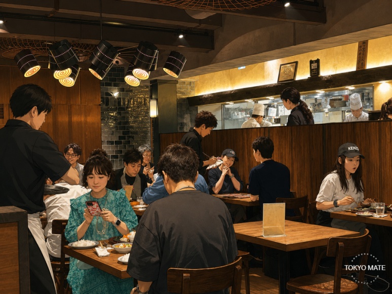 Meat Yazawa Gotanda main branch open kitchen and interior