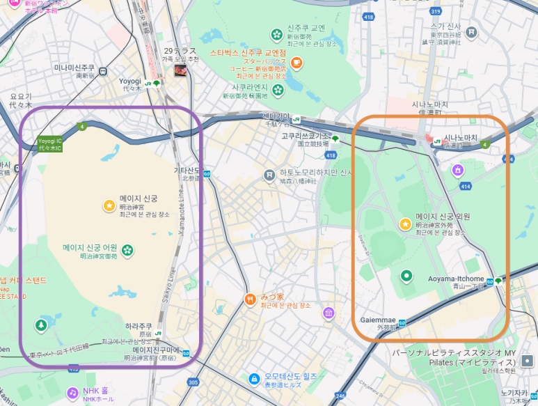 Meiji Jingu vs Meiji Jingu Gaien location comparison map (left: Meiji Jingu, right: Meiji Jingu Gaien)