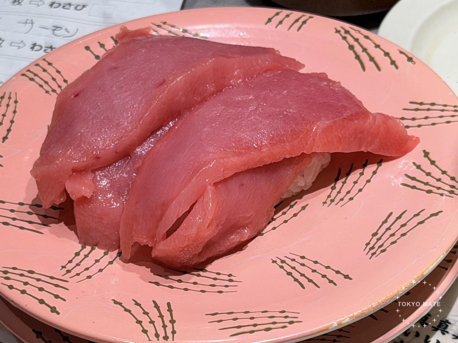 Nemuro Hanamaru nikaidate honmaguro chutoro, two pieces of tuna stacked on one nigiri