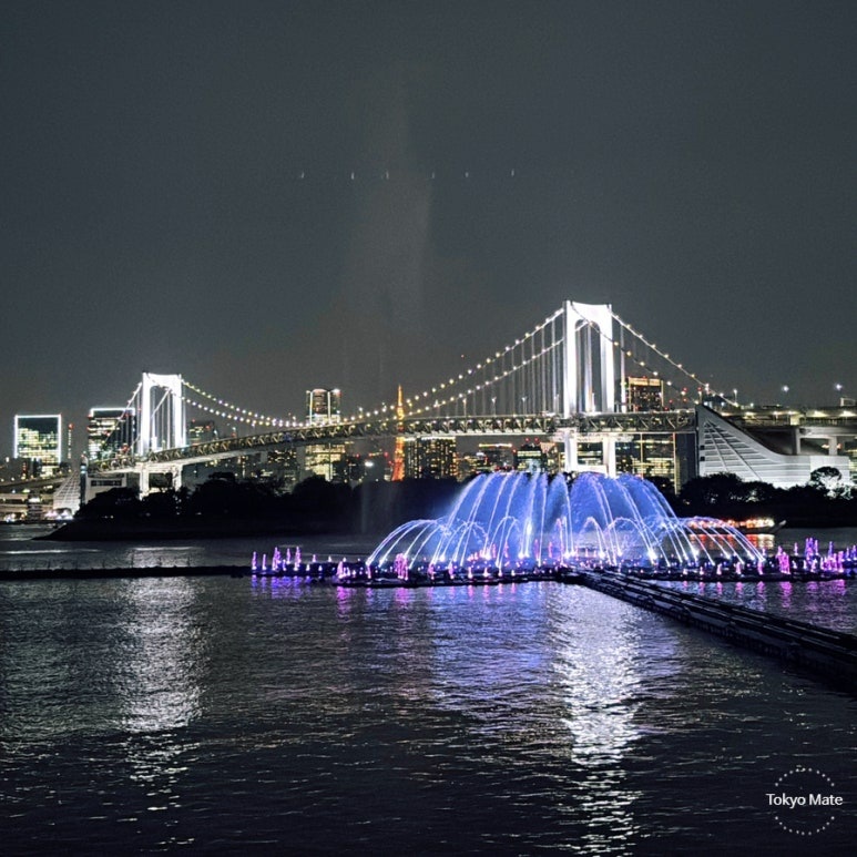 Tokyo Aqua Symphony night lighting — Odaiba fountain