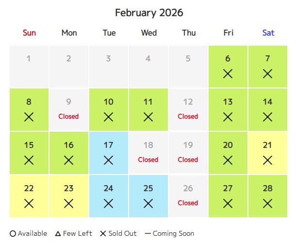 Pokemon Park Kanto February 2026 official closure days calendar