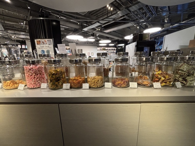 Self-serve drinks and snacks counter