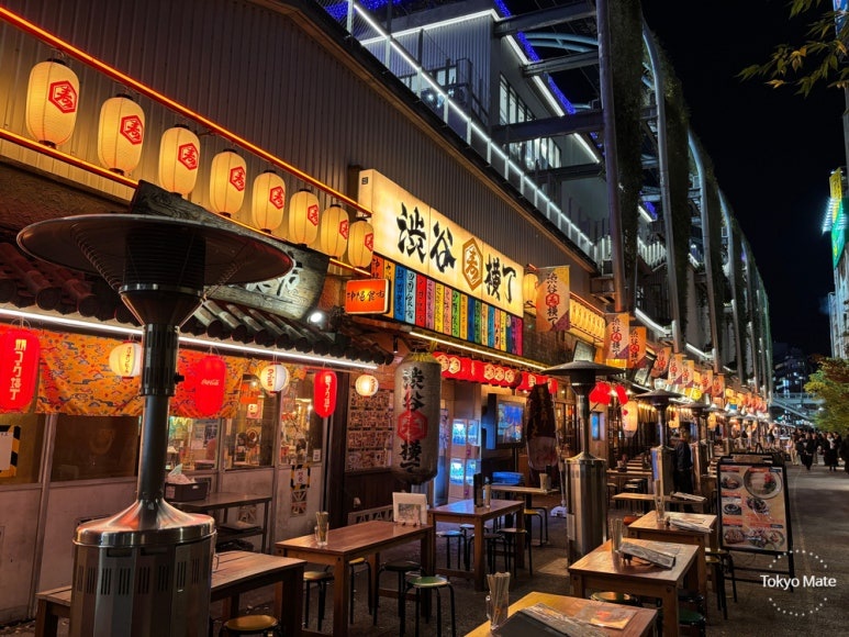 Shibuya Yokocho bustling streets lit with red lanterns at night