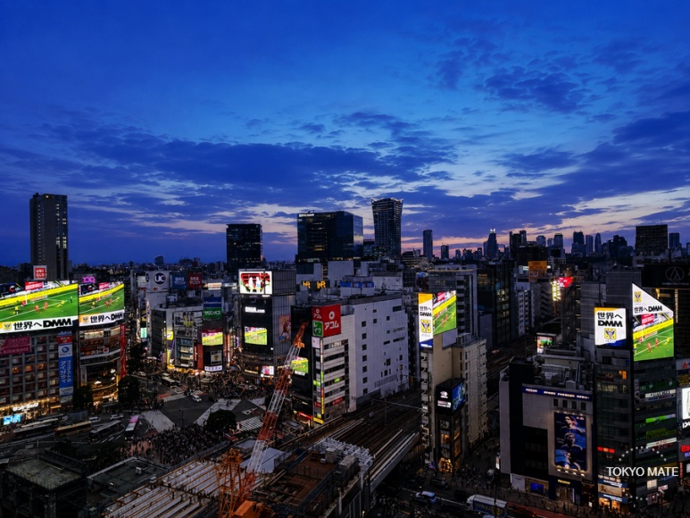 Blue hour and the city night view seen from a window at the Shibuya Tsutaya Share Lounge