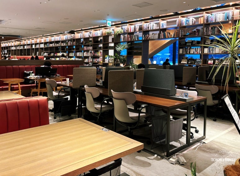 Inside the multi-person seating at the Shibuya Scramble Square Share Lounge