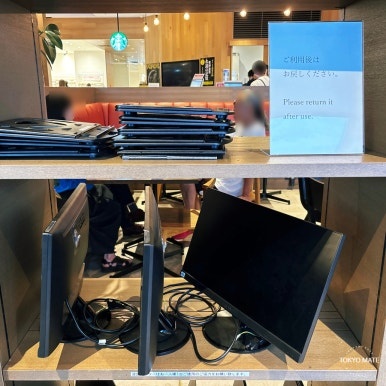 Monitors and office supplies at the Shibuya Scramble Square Share Lounge