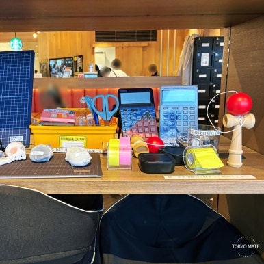 Toys and supplies available at the Shibuya Scramble Square Share Lounge