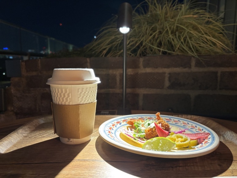 Lemon tea and shrimp tacos on the terrace