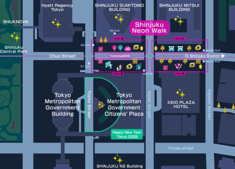 Shinjuku Neon Walk art illumination map showing Zones A-D