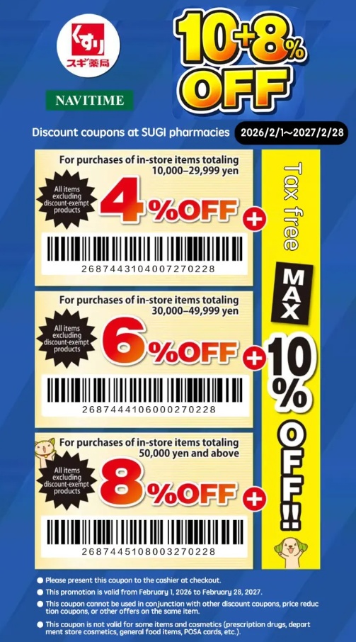 Sugi Pharmacy coupon showing tax-free plus up to 7% off