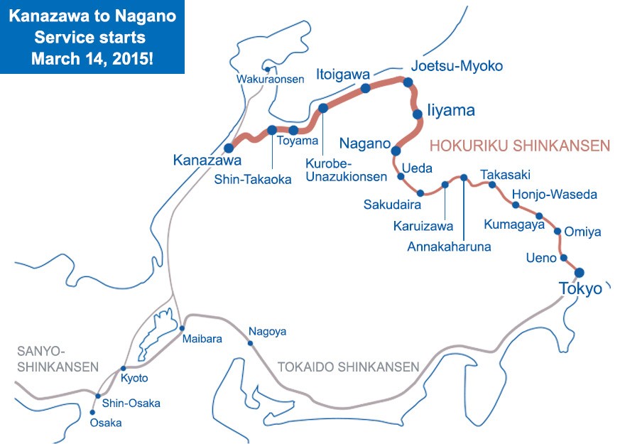 JR Hokuriku Shinkansen route map for the Tokyo, Nagano, and Toyama line