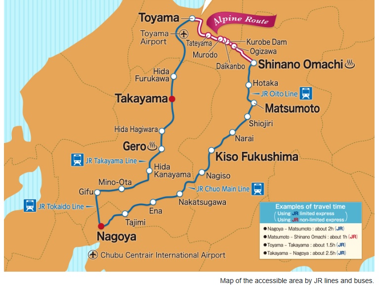 Map of JR lines covered by the Alpine Route pass and the Tateyama Kurobe Alpine Route