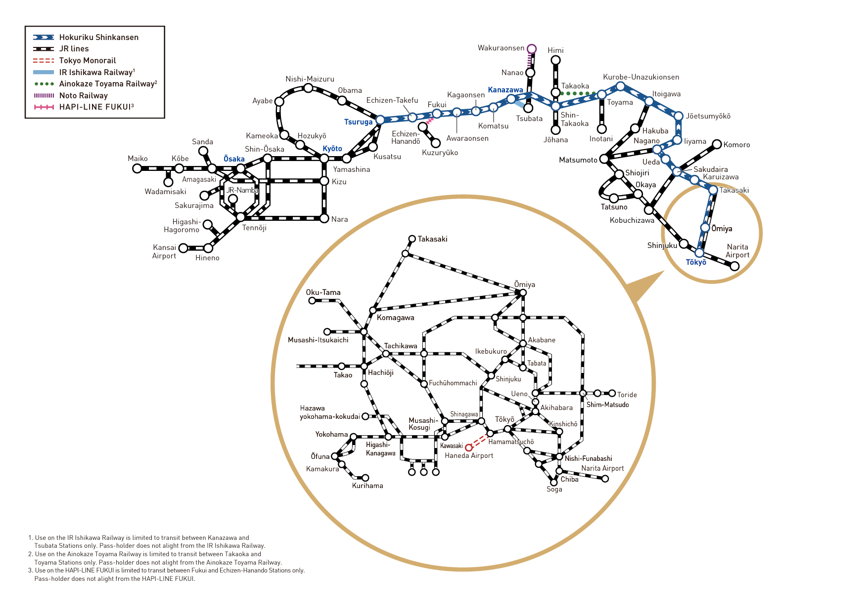 Map of the regions covered by the Hokuriku Arch Pass