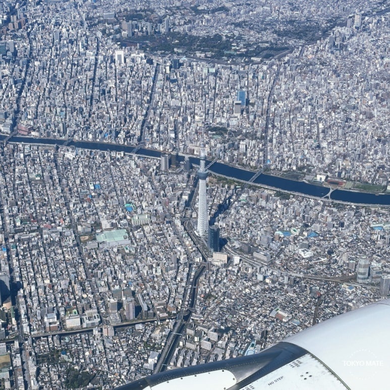 View of Tokyo Skytree from airplane window