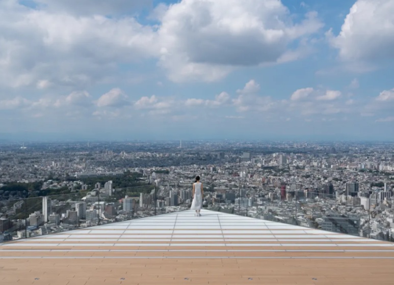 Panoramic view from Shibuya Sky observation deck at sunset