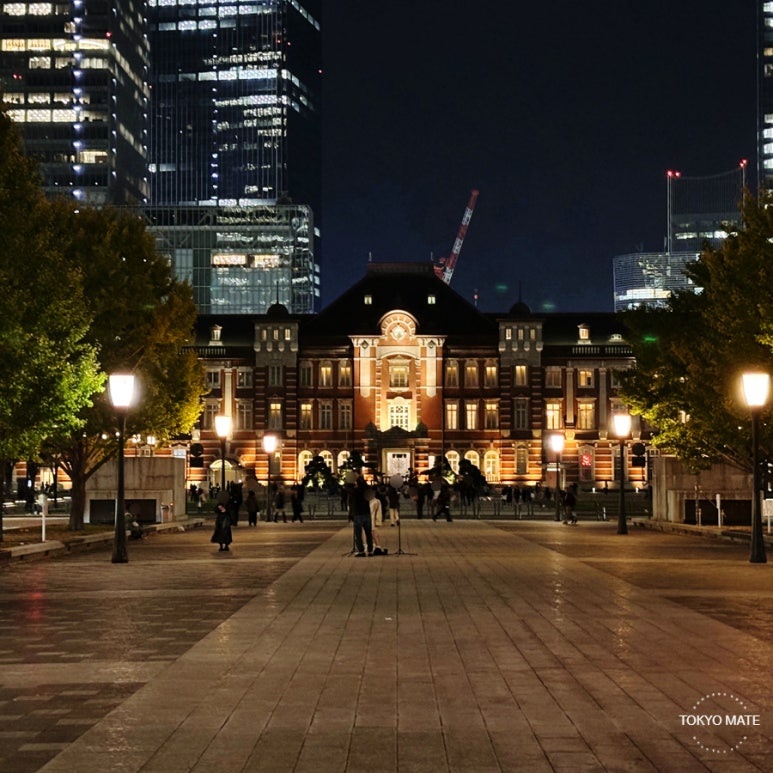 Tokyo Station Marunouchi Plaza night view with illuminated red brick building