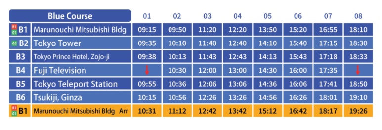SkyHop Bus Blue Line timetable - Tokyo Tower Rainbow Bridge Odaiba course