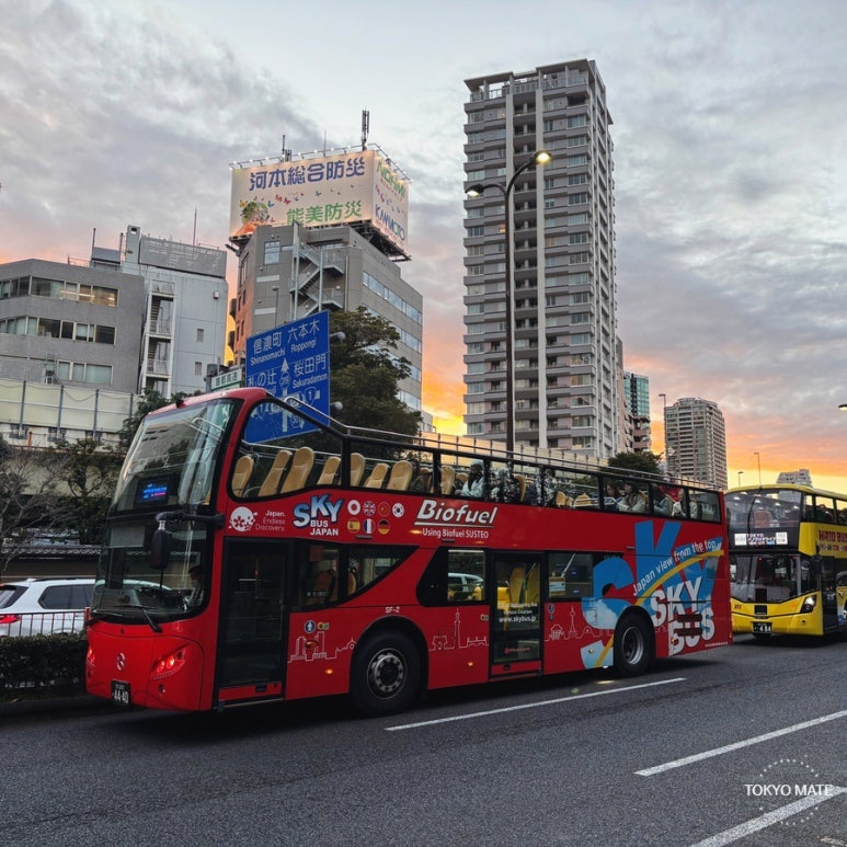 Tokyo SkyBus departing from Marunouchi Mitsubishi Building, double-decker open-top fixed course