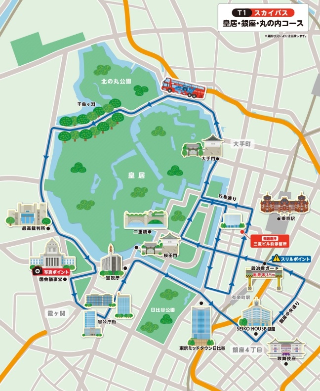 SkyBus T1 course route map - Imperial Palace Ginza Marunouchi