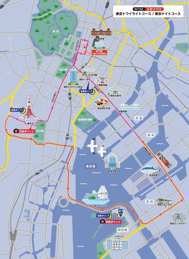 SkyBus N102 Twilight course route map - Tokyo night view Tokyo Tower Rainbow Bridge