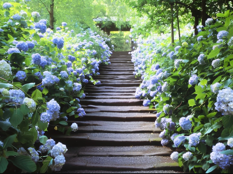 Kamakura Meigetsuin blue hydrangeas in June