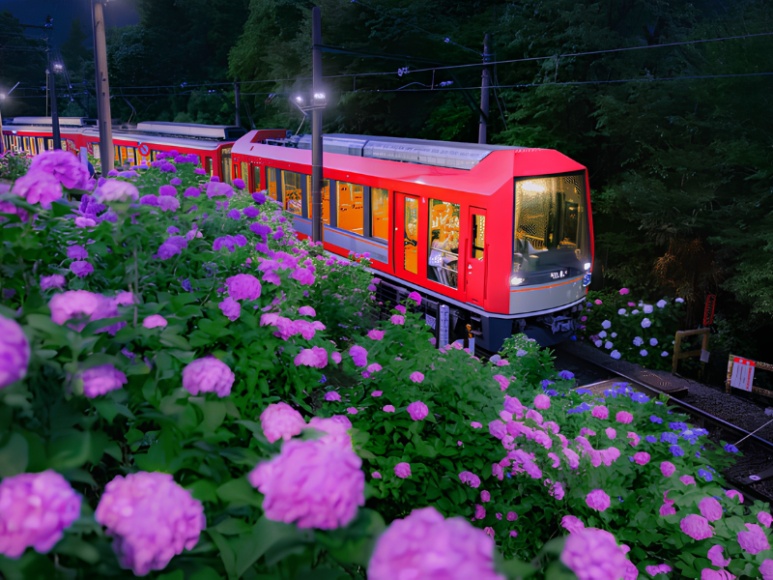 Hakone Tozan Railway night hydrangea train with trackside illumination