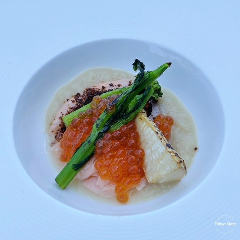 HAL YAMASHITA cherry trout confit with new onion puree and salmon roe