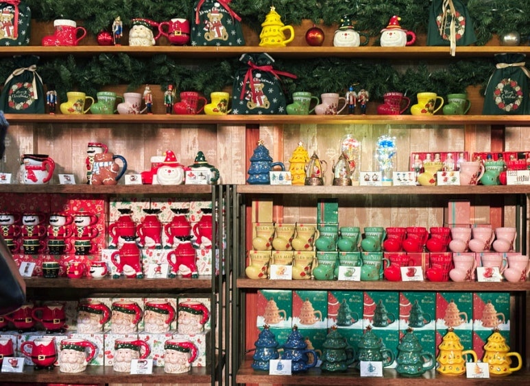 Christmas market shop selling nutcracker dolls and German Erzgebirge figurines and goods