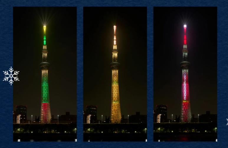 Tokyo Skytree Christmas special lighting in 3 types (Ornament, Elegant, Santa Claus)