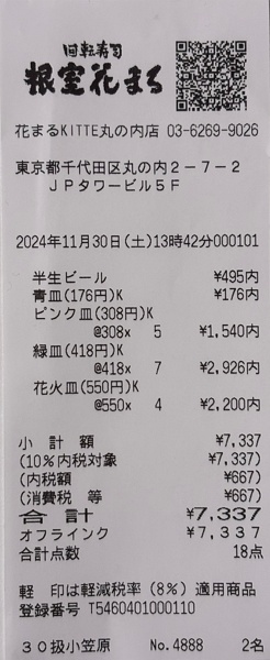 Receipt from Nemuro Hanamaru showing total for two people